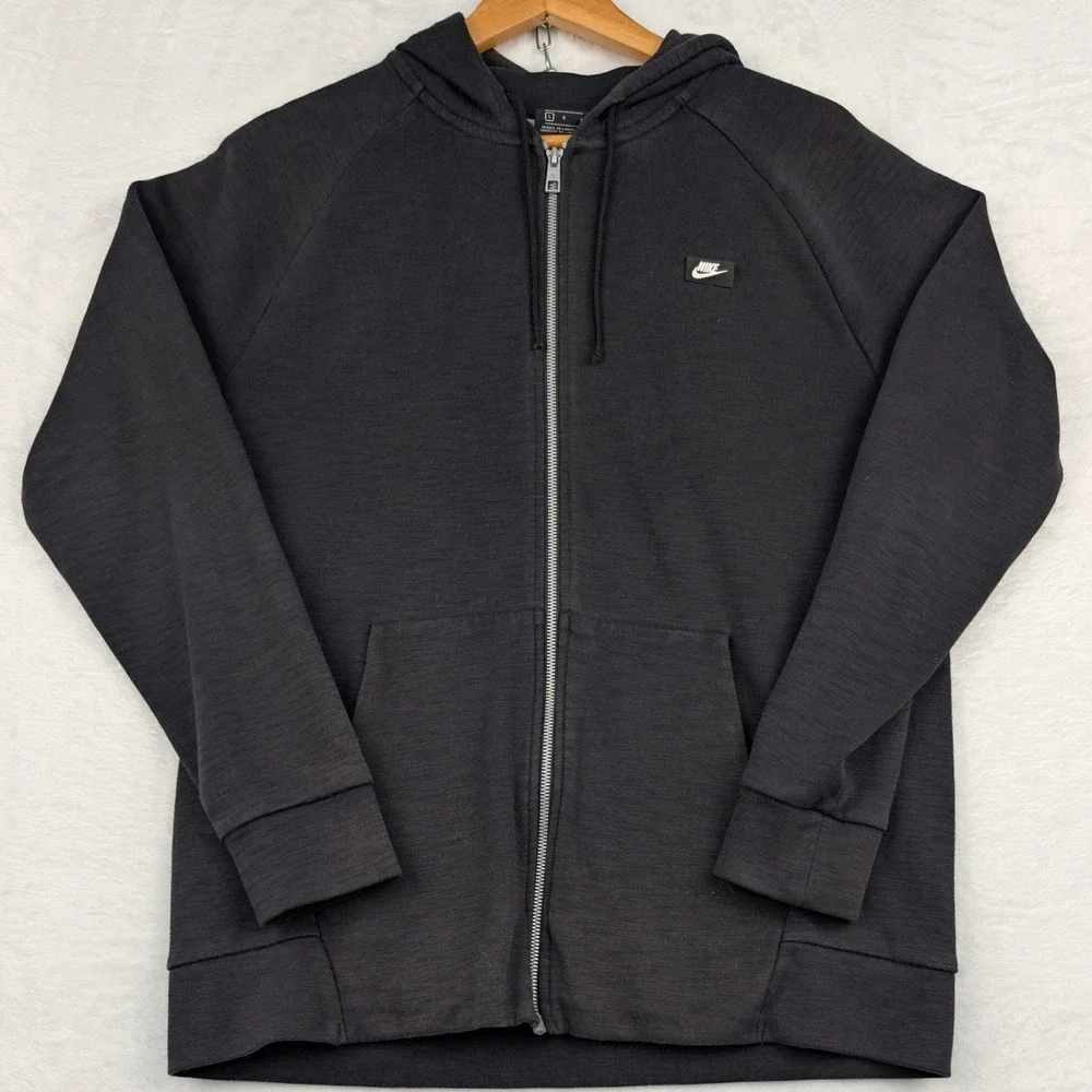 Nike Hoodie Men's L Black Slub Full Zip Fleece Raglan Small Logo Athleisure